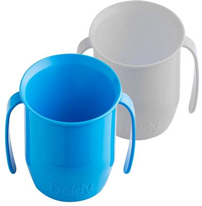 Doidy Cup, Open Cup for Training Baby 6 Months-3 Years, 200ml, Slanted Weaning Cup with Handles for Learning to Drink, BPA Free, 2 Pack (Blue/Grey)