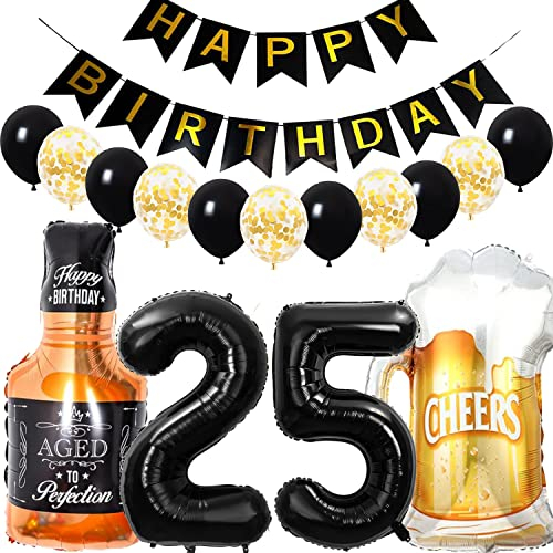 Conruich Geburtstagsdeko 25 Jahre Mann Frau, Luftballon 25. Geburtstag Deko Mann, Folienballon Zahl 25 Schwarz, Helium Ballon Whiskey Bierglas für 25. Geburtstag Manner Party Dekoration