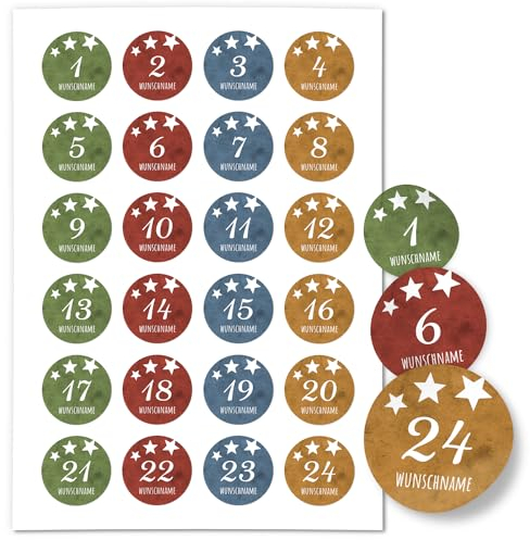 24 PERSONALISIERTE Adventskalender Etiketten mit Ihrem Wunsch-Namen und 1-24 Zahlen bunt grün rot blau gelb 4cm niedlich Geschwister Bruder Schwester Name individuell