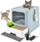 Homagico Caja de arena para gatos con alfombrilla de arena, plegable, extragrande, libre de entrada y salida/caja de liiter unidireccional con tapa, tipo cajón, caja de arena cerrada para gatitos,