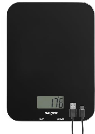 Salter SA00597FEU12 Rechargeable Kitchen Scale – Digital Food Weighing Scales for Cooking & Baking, Tare/Zero Function, USB Charging Cable Included, Measures Liquids/Fluids, Slim Design, 5kg Capacity