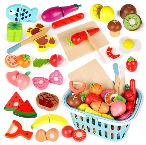 BunnyJOY Frutas y Verduras Juguete 26 Piezas Accesorios de Juguete de Cocina de Madera, Cortar Juguetes de Alimentos Juegos Culinarios Juguetes Educativos para Niños 3 4 5 6 Niños y Niñas
