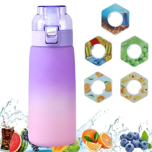 Generisch Luftwasserflasche mit 5 Aromakapseln, 600ml Duftwasserflasche, Wasserflasche mit Fruchtduft Duftwasserbecher Sportwasserbecher, geeignet für Outdoor Sportarten (Lila)