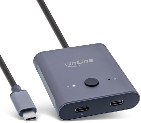 InLine Switch USB-C, bidirezionale (dati e video), 2 in 1 Out o 1 in 2 out, distributore/commutatore per PC, 8 K a 60 Hz video 4 K a 60 Hz, trasmissione dati 10 Gb/s, ricarica 100 W, 60603T