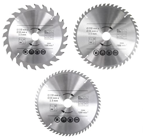 BALUGAEA 3 Stück Sägeblätter 210 x 30 mm Holz Kreissägeblatt Set 24 48 60 Zähne für Hartholz, Weichholz, MDF und Kunststoff Handkreissäge HM Kreissägeblätter