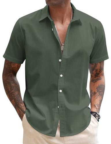 COOFANDY Linen Shirts Mens Short Sleeved Shirts Casual Summer Holiday Shirts for Men Beach Tops Army Green L