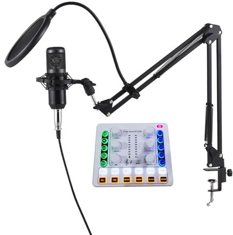 Walmeck Kit D'équipement de Podcast avec Micro à Condensateur et Carte Son en Direct Plug and Play - Changeur de Voix pour Enregistrement de Diffusion, Chant, Jeu [Configuration de