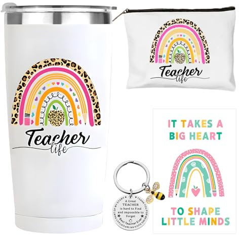Matreeglam Teacher Gifts for Women, 20oz Travel Mug Makeup Bag Keychain Card for Teacher Leaving Thank You Teachers Presents (White, one Size)