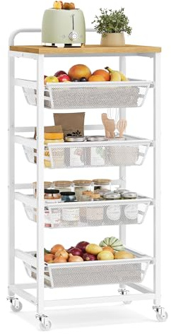 VASAGLE Carrello da Cucina a 5 Ripiani, con Cesti Scorrevoli, Carrellino da Cucina con Rotelle, con Maniglia, 31,7 x 40 x 95 cm, Rovere Dorato e Bianco Opaco LRC041YA01