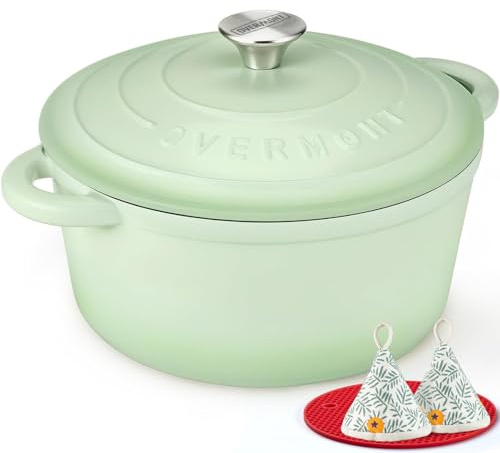 Overmont 28cm/6.6L Enamelled Cast Iron Dutch Oven Pot with Lid,7QT, Cookbook& Cotton Potholders -Non-stick Dutch Oven for Braising, Stews, Roasting, Bread Baking - Bean green