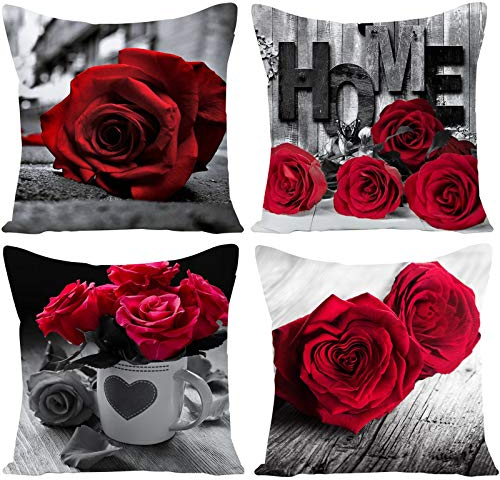 EZVING Kissenbezüge mit roten Rosen, bedruckt, 45,7 x 45,7 cm, 4er-Set für Wohnzimmer, Sofa, Couch, Auto, Bett, Dekoration