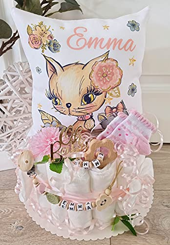 Windeltorte mit Name - Kuschelkissen Katze I Schnullerkette & Greifling - Geschenk, Babyparty, Geburt oder Taufe + auf Wunsch, gratis Grußkärtchen