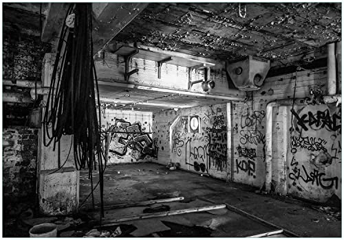 Wallario Vliestapete Fototapete Alte verlassene Fabrik in schwarz weiß mit Graffiti - Wandtapete Größe: 200 x 140 cm
