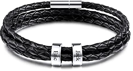 INBLUE Leder Armband Herren mit Gravur 2-6 Name ID Perlen Edelstahl Herren Schmuck Personalisierte Geschenke Frauen Freund Familie Vatertag Geburtstag