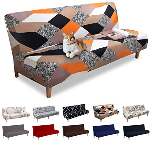 Lydevo Sofabezug ohne Armlehnen 3 Sitzer Sofabettüberzug Stretch Armlehne Sofabettüberzug Sofabezug Armlos Clic Clac Elastisch Couchbezug Futon für Klappcouch ohne Armlehnen,Orangen Geometrie