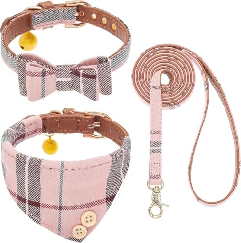 Hundehalsband und Leine mit Fliege, Set für kleine Hunde – Welpenleine Halsbänder klassisch rosa kariert – verstellbare Größe mit Goldener Glocke – perfekt für kleine Rassen und Mädchen