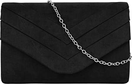 MEGAUK Damen Samt Clutch Elegante Abendtasche Wildleder Handtasche Envelope Tasche Unterarmtasche mit Kette für Hochzeit Wedding Prom Party Schwarz
