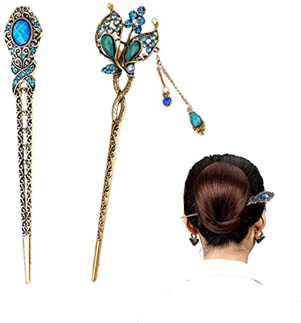 Fleymu 2 Stück Vintage Haar Stick Antike Haarnadel Hairpin Tassel Chinesischen Retro Haar Stick Ancient Style Hairpin Haarstab Metal Hairpin Blume Haar Stäbchen für Partys, Shows, Tänze, Festivals