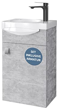 Planetmöbel Waschtischunterschrank 40 cm in Beton mit Waschbecken & Armatur in Schwarz matt, Badezimmmer Möbel für Gäste WC