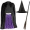 Adult’s Room on the Broom Set - Standard - Black Velour Cape, Purple Polka Dot Skirt, Witch Hat and Broom - Perfect for World Book Day School Book Day Fancy Dress