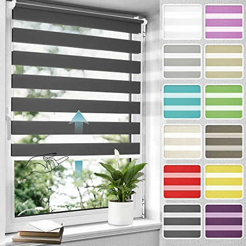 Allesin Doppelrollo schnurlos Klemmfix ohne Bohren Duo Rollos für Fenster, 60x130cm (Stoffbreite 60 cm) Anthrazit, Drücken Und Ziehen Springrollos Klemmrollo Fenster, Rollo ohne Schnur