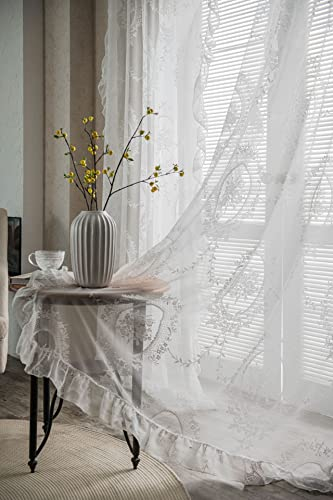 SASIGAYA Vorhänge Halbtransparent Lace Curtains Gerüschte Vintage Landhausstil Vorhang Weiß Bestickete Voile Gardinen Stangentasche 2er Set für Modern Küche Schlafzimmer Wohnzimmer Balkon B150×H160cm