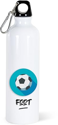 Gourde Foot Sport 750ml Bouteille d’Eau Aluminium Réutilisable Ecologique avec Mousqueton. Idée Cadeau Original Humour Homme Femme Enfant Ami Football Equipe Collègue Anniversaire Noël