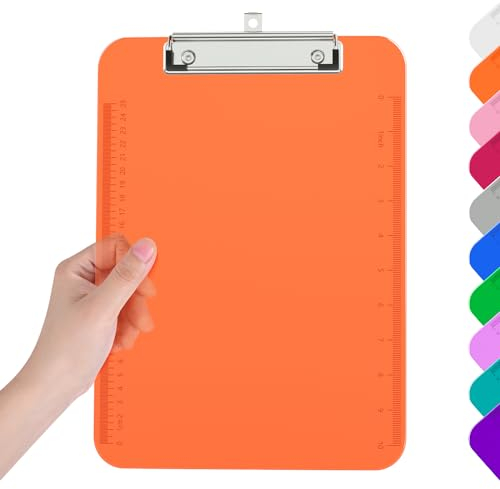 Piasoenc Plastic Clipboards, Translucent Clip Board with Low Profile, Purple Clipboard with Ruler,Office Clipboards, School Supplies, Letter Size 12.5 x 9 Inches, Orange