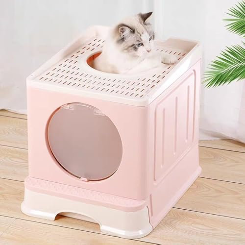 MINGYI Bac à Litière pour Chat Fermée, Grande Maison de Toilette Chat Pliable avec Couvercle, Tiroir à Litière avec Pelle, WC pour Chats, Jusqu'à 7 kg (Rose L 45×34×39 cm)
