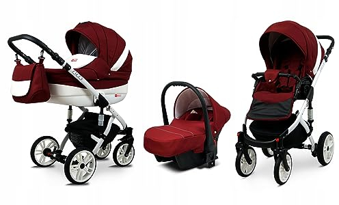 BabyLux® Bambimo Kinderwagen Set 3 in 1 - Lilly - incl. Babywanne, Buggy Sportsitz, Auto-Babyschale - Autositz - Kinderwagenset - Kombikinderwagen mit Wickeltasche, Regenschutz usw.