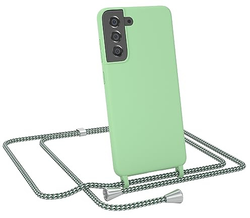 EAZY CASE - Liquid Silikon Handykette - kompatibel mit Samsung Galaxy S21 FE 5G Soft Silikon Slim Cover, 3-Schichten Kratzfest in Grün mit Halsband Hellgrün Camouflage Metallstücke Silber