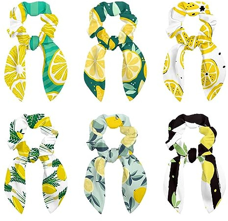 6 Stück Haargummis - Obst Zitrone Muster Pflanze Haar Schal Scrunchy mit Schleife Elastische Haargummis Pferdeschwanz Halter für Frauen Teenager Mädchen