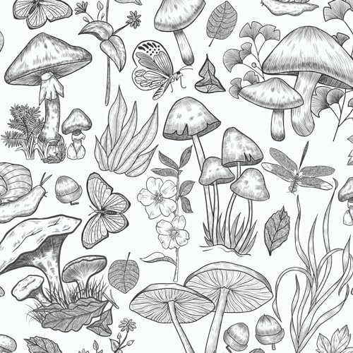 VOLEAAR Black and White Mushroom Contact Paper Boho Peel Stick Wallpaper Vintage Leaf Butterfly Floral Paper Stick on Wall Drawer Cabient Countertop Removable Hand Drawn 44.5CM x 300CM