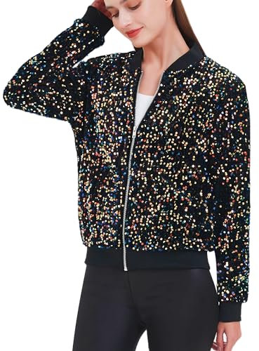 ANNA-KACI Damen Pailletten Rib Rop Langarm Reißverschluss Bomberjacke Jacke, Samt mit Bunten Pailletten, Medium
