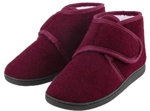 TIESTRA Warm Hausschuhe Damen Winter Lammfell Diabetiker Hausschuhe Breiter Fuß Filzpantoffeln Mit Memory Foam Sohle,Filz Herrenhausschuhe Mit Klettverschluss,Rot 39