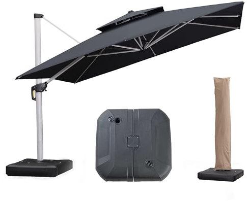 PURPLE LEAF Parasol Déporté 3,65 x 3,65 m Carré avec Pieds de Parasol, Parasol de Jardin Extérieur à Toit Double Rotatif 360°, Pour Terrasses, Terrains de camping, Restaurants Extérieurs, Gris acier