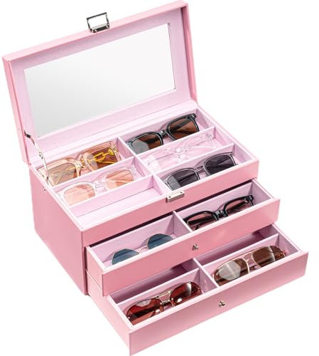 ProCase Porta Occhiali Multiplo 3 Strati, 18 Slots Organizer Occhiali da Sole in Pelle, Occhiali Espositore Scatola Portaocchiali Organizzatore Occhiali per Donna Uomo -Rosa