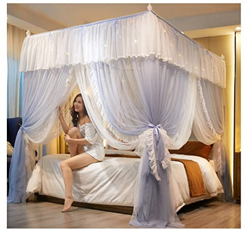 Doppellagiges Betthimmel-Moskitonetz, 4 Eckpfosten-Poster, Prinzessinnen-Bettvorhang-Moskitonetz für Mädchen und Erwachsene (Farbe: Blau, Größe: 180 x 200 cm/71 x 79 Zoll)