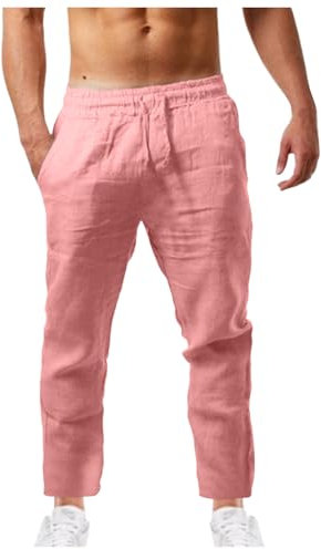 Pantaloni lunghi da uomo, in lino, tinta unita, leggeri, vestibilità larga, in cotone, in lino, elasticizzati, per il tempo libero, comodi, da corsa, pantaloni chino, 21-rosa, M