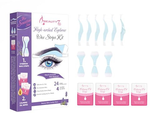 Beauty7 Hochgewölbte Augenbrauen Wachsstreifen Fit Wax Strips vorgeschnitten augenbrauen wachs 24stk augenbrauen wax streifen mit 4stk Wachsentferner Tücher enthaarungsstreifen für sensible Haut
