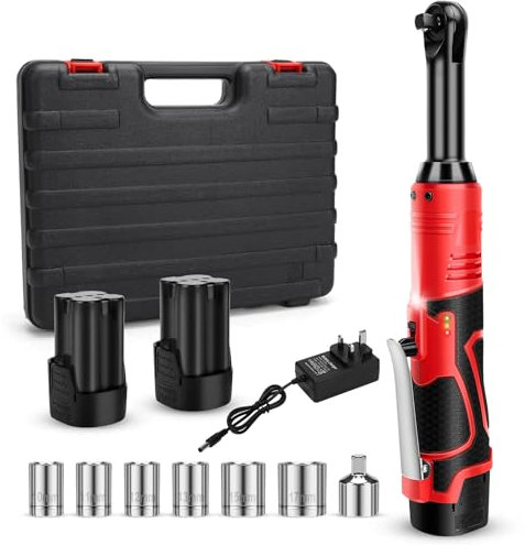 Cordless Ratchet Wrench Set with Battery, 60N.m 3/8 Electric Ratchet Driver with 7 Sockets, 1/4 Adapter, 1-2 H Fast Charger, 18V Powered Ratchet Wrench 2X 2.0Ah Batteries with LED Light (Red)