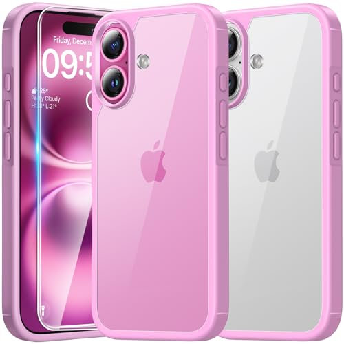 TAURI Coque pour iPhone 16 Plus avec Protection D'écran en Verre Trempé,Protection Militaire,Coque Bumper Transparente Antichoc - Rose