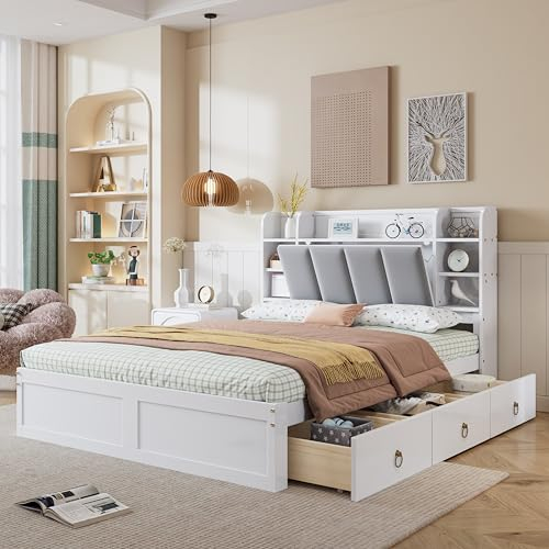 Holzbett Bettgestell 140x200cm, Funktionsbett Bett mit Stauraum -Offenes Regal, Drei Schubladen, Zusammenklappbares Samt-Kopfteil mit Stauraum, Erwachsene - Jugendbett, Doppelbett, Kiefer, Weiß+Grau