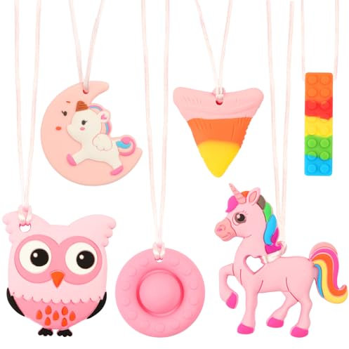 Kaukette für Kinder-6PCS, Beißring Baby Spielzeug, Kauspielzeug baby, ADHS Sensory Chewy Halskette set, 100% Silikon BPA-frei Baby Zahnungshilfe für 0-6-12 Monate (Rosa)