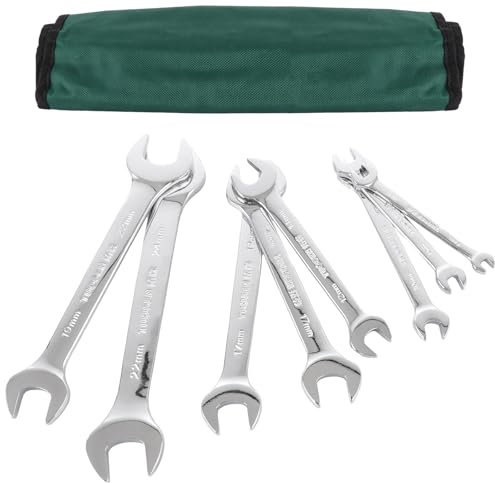ASelected 8 Pieces Super-Thin Double Open End Spanner Set,Carbon Steel Flat Double Ended Wrench with Mirror Polish Including 6 to 24 mm for Narrow Space,Metric with Rolling Pouch