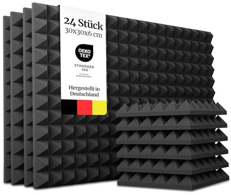 PolySound Pyramidenschaumstoff Akustikpaneele - 24 Stück 30x30x6cm, Schallabsorber aus Schaumstoff für Effektive Schalldämmung, Akustikplatten Schwarz