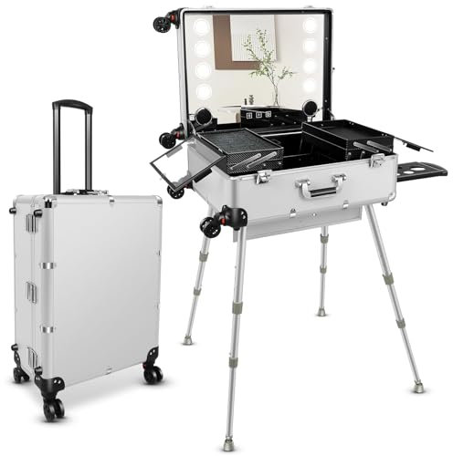 Kosmetikkoffer auf Rollen, Make-up-Trolley aus Aluminium mit 8 LED-Leuchten, 55,9 cm (22 Zoll), Kosmetik-Organizer auf Rollen, Studio-Lautsprecher, Make-up-Artist, freistehende Box mit Spieg