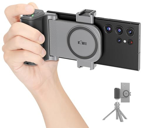 KIWIFOTOS Large Smartphone Phone Camera Grip Holder with Detachable Zoom Function Wireless Camera Remote Control, Tripod Mount with Cold Shoe for Width 59-85mm iPhone Android Shooting (Black)