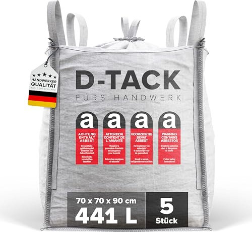 D-TACK 5x Big Bag Asbest | 70 x 70 x 90 cm | Säcke für sichere Asbest-Entsorgung | SWL 800 kg | DIN EN ISO 211898 zertifiziert | 4 Schlaufen für Kran & Stapler | Inkl. Schürze zum Zubinden