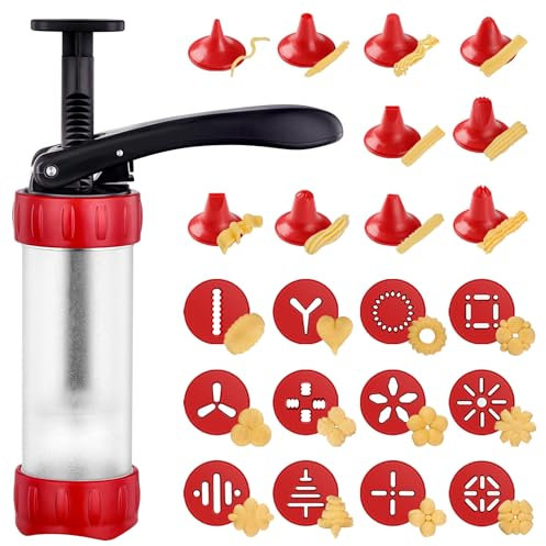 GDL Presse à pâtisserie, presse à pâtisserie avec 12 pochoirs et 10 douilles, seringue à garnir pour faire des biscuits DIY, cuire des churros et décorer des gâteaux (rouge)